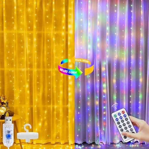 A.bigwhale Tenda Luminosa 3x3 m, 300 LED Catena Luminosa Interni Dimmerabile Bianco Caldo/Colorato con 12 Modalità Telecomando Timer, Catene Luminose per Camere Pareti Feste Decorazioni Natalizie