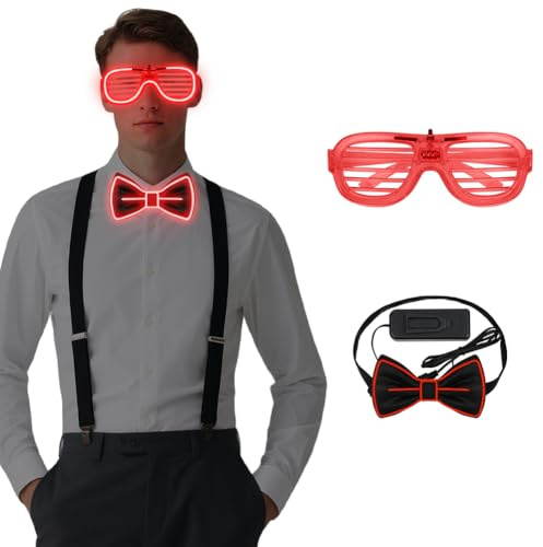 Alaoo Gafas LED Luminosas,2PCS Luminosa Pajarita, Gafas LED Parpadeantes con 3 Modos de Flash para Carnavales, Festivales de Música, Festividades, Bodas, Halloween y Despedidas de Soltera,Rojo