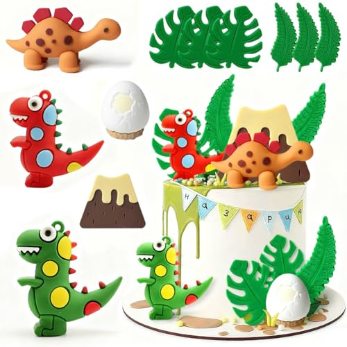 Adornos para Tartas de Dinosaurio con Huevos de Dinosaurio, 26 Pcs Hojas, árboles, Decoraciones de Tartas para Fiestas de Cumpleaños, Fiestas de Animales Salvajes, Decoraciones de Tartas Para (A)