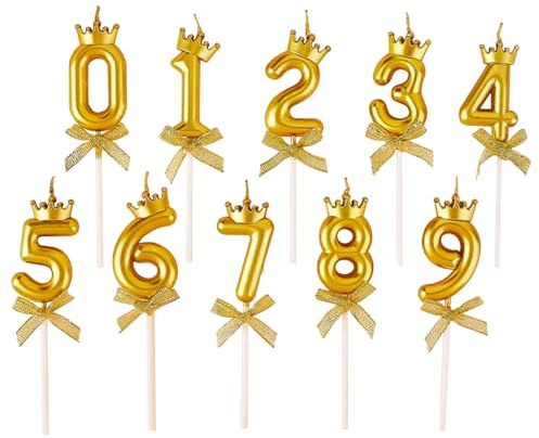 10 pezzi - Candele con numeri di compleanno, candeline per torta di compleanno con numeri a corona dorata da 0 a 9, adatte per torte di compleanno, matrimoni, decorazioni per feste di anniversario