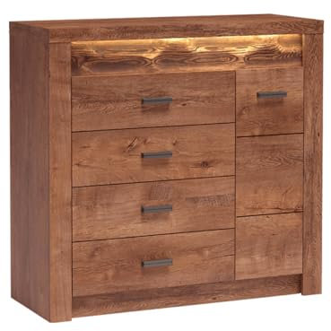 Mirjan24 Kommode Indiano I-17 mit 4 Schubladen, Anrichte, Highboard, Mehrzweckschrank, Wohnzimmer Schrank, Sideboard (Esche Hell, ohne Beleuchtung)