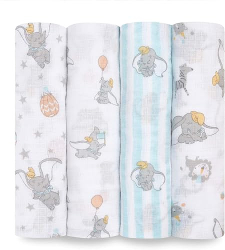 Aden + Anais Essentials Pucktücher, Wickel- und Schmusedecke für Mädchen und Jungen, Baby-Wickeltuch aus 100% Baumwolle für Neugeborene und Kleinkinder, 112x112cm, 4er-Pack, Dumbo New Heights