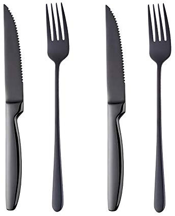 BISDARUN Steak Cutlery Sets Black Serrated Steak Knives and Forks Set Serves for 2 Stainless Steel Dinner Forks X2 Steak Knives X2, Table Knives and Forks Set Dishwasher Safe