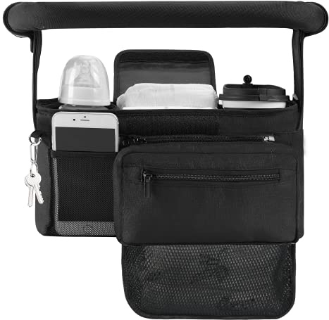 Momcozy NON-SLIP Universal Stroller Organizer | Insulated Cup Holder | Detachable Phone Bag & Shoulder Strap | Fits Uppababy, Baby Jogger, Britax, BOB, Umbrella and Pet Stroller