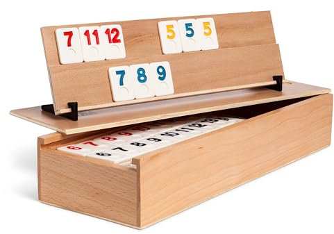 WOODTASTIC Rummy Holz Spiel - Hochwertiges Brettspiel aus Massivem Buchenholz mit 106 Robusten Kacheln
