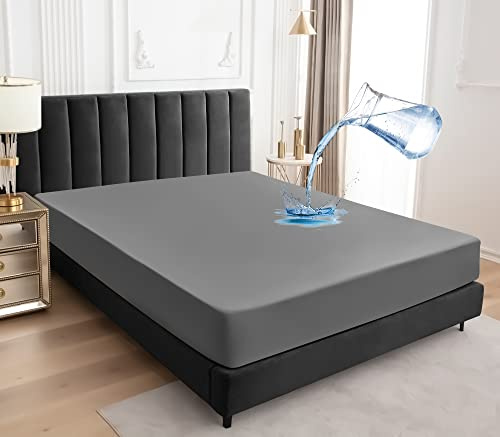 Sufdari Waterproof Mattress Protector King,150x200cm Mattress Cover for Bed,30cm Deep Pocket Fitted Sheet Style Mattress Protector with Elastic Rubber Band-Grey