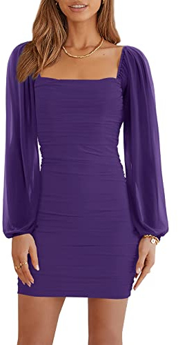 Wenrine Damen Kleider Party Cocktail Club Bodycon Kleid Hochzeitsgast Mesh Langarm Square Neck Minikleid Slim Fit(Lila,M)