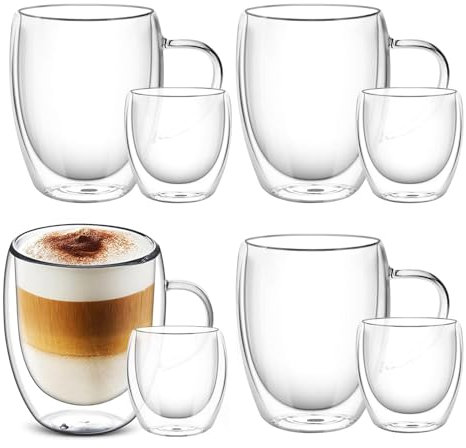 8 tazas de café y tazas de vidrio de pared doble, 4x350ml+4x80ml, tazas de capuchino con Latte Macchiato, resistente al calor, apto para lavavajillas, para bebidas calientes té helado de jugo de leche