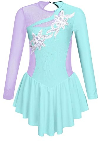 MSemis Vestido de Baile Patinaje ArtIstico Niña de Manga Larga con Lentejuelas Brillantes Maillot Competición Patinaje Vestido de Gimnasia Rítmica B Azul Claro 7-8 años