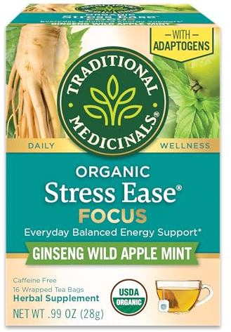Traditional Medicinals Organic, Stress Ease Focus, Ginseng Wild Apple Mint Tea - Balanced Energy Support & Adaptogens - Kosher, Non-GMO, Caffeine-Free, Compostable - 16 Tea Bags