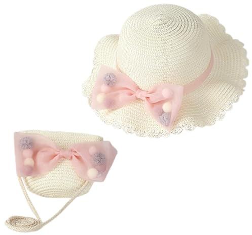 Girls Sun Hat and Mini Cross Body Bag Sets Flower kids Straw Hat Summer Beach Girls Straw Hat and Mini Purse Set Bowknot Sun Hats for Kids Girls Holiday Outdoor Activities Travel (Straw, White)