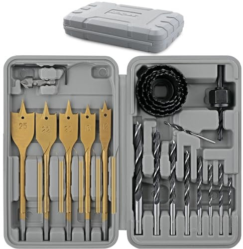 Hi-Spec 21pc Wood Hole Saws, Brad Points & Spade Drill Bit Set for Drill Drivers in a Compact Tool Kit Case
