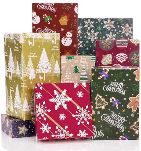 Toptime Geschenkpapier Weihnachten, 8 Blatt Weihnachtspapier mit Weihnachtsbäumen, Schneeflocken und Glocken, Niedliche Bunte Weihnachtsgeschenkpapier Geschenkverpackung für Neujahr, Partys, 70x50cm