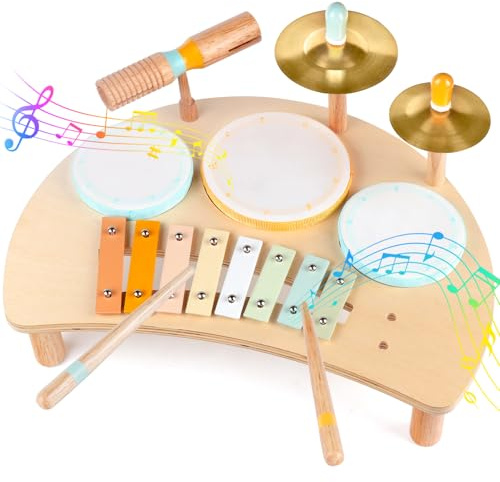 Kids Drum Set Montessori Musical Instruments for Toddlers 1-3, Wooden Baby Drum Kit with Xylophone, Preschool Music Toys for Early Learning, Educational Birthday Gift for Boys Girls (Multicolored)
