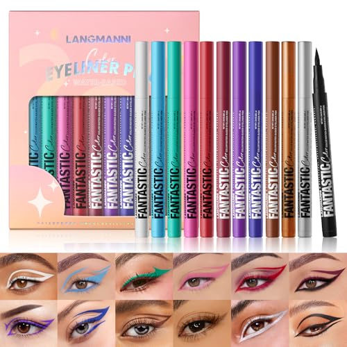 LANGMANNI Lot de 12 eyeliners liquides mats colorés fluo pigmentés avec eyeliner longue durée, anti-taches et imperméable pour un look audacieux et superbe – Cadeau pour filles