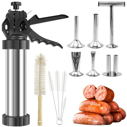 Machine à Saucisse 21 * 35 cm Avec 5 Buses en Inox 5 Brosses de Nettoyage Poussoir à Saucisse Manuel Acier Inoxydable 304 Facile à Fabriquer Jerky Gun Pour Maison Restaurant