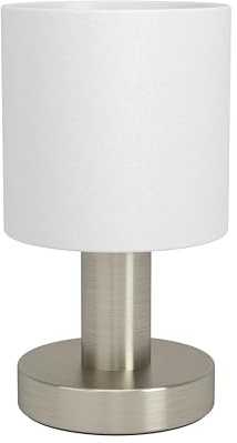 Eglo Lampada da tavolo Monetto, piccola lampada decorativa elegante per soggiorno, camera da letto, comodino, argentata, con paralume in tessuto bianco, attacco E14, altezza 18 cm