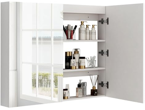 HollyHOME Bathroom Mirror Cabinets 90x80x13cm Extra Large Double Mirror Door Wall Mounted Cupboard Medicine Storage Cabinet, White