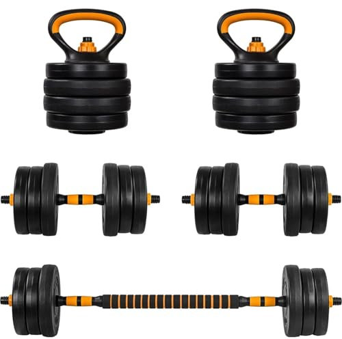 MOVIT Hanteln Set - 6in1, 30kg, XXL, Verstellbar, Kunststoff, Push Up Griffe, Schwarz und Orange - Dumbbell Set, Hantel Gewichte, Verstellbare Kurzhanteln, Kettlebell, Hantelset für Zuhause