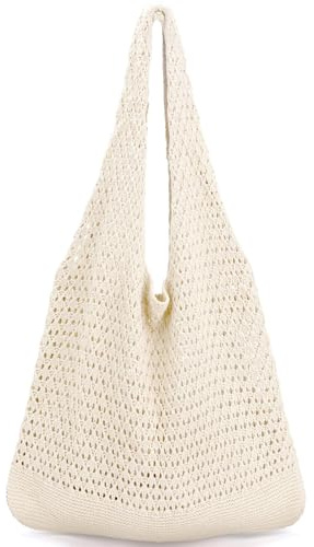 Lilbitty 1 Stück Beige Häkeltasche，Große Aesthetic Strandtasche für Damen，Leichte Strick-Tote Tasche，Perfekt für Alltag，Shopping und Urlaub