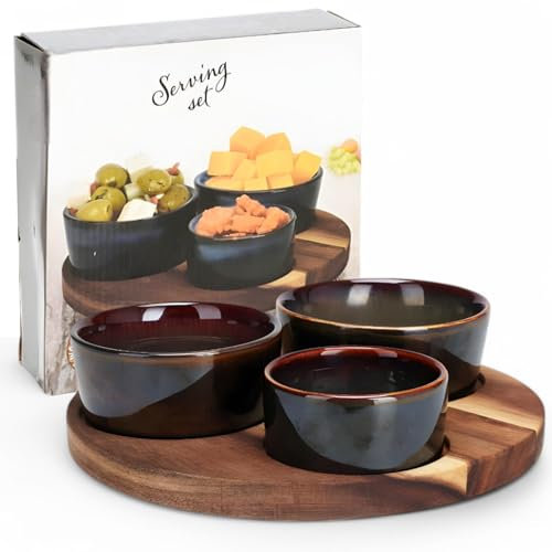 MIJOMA Servierset – 4-teiliges Schalen-Set mit Holzbrett – Keramik-Dip-Schalen auf Akazienholz-Tablett – für Snacks, Dips & Tapas (blau-grün, rund (Ø 20 cm))