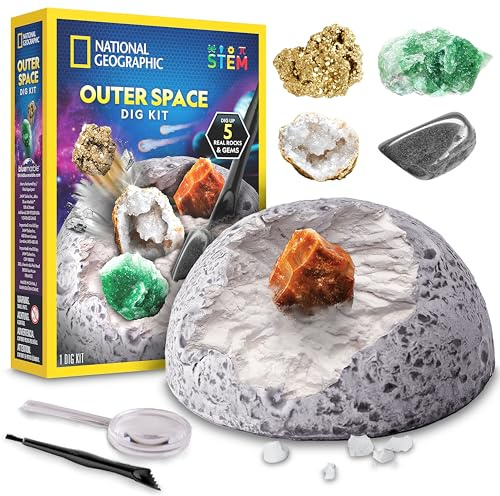 National Geographic – Kit de creusement de l'espace – Excavez 5 spécimens de Roches véritables et de Pierres précieuses | Comprend Une Brique, des Outils d'excavation, Une loupe et Un Guide