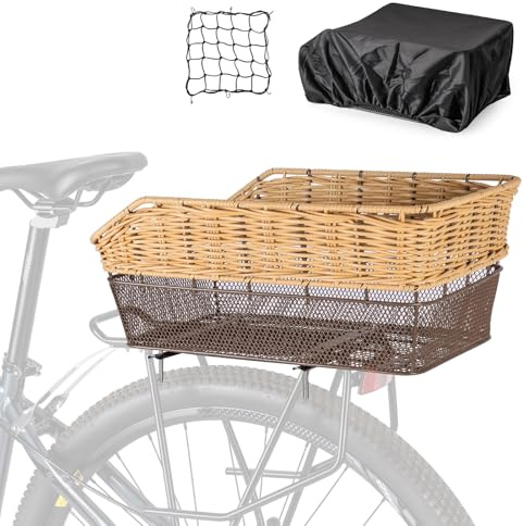CXWXC Rear Bike Basket - Large Bicycle Rear Basket with Cargo Net and Waterproof Cover, Hand-Woven Baskets Rear Large Capacity (Brown)