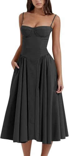 Hanaoops Robe de Soirée Cocktail Femme Spaghetti à Bretelles Vintage Robe Longue sans Manches Chic Et Elegant A-Line Robes avec Poches Robes Été Décontractée Swing pour Mariage Bal Promo