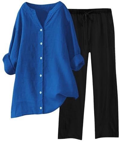 Tuta Donna Completa Di Lino 2 Pezzi Pantalone Lungo Estivo Tuta Elegante Completo Casual Set Estiva Camicia E Pantaloni Cotone Completi Leggera Comodi Tute Curvy Taglie Forti Tinta Unita Da Spiaggia
