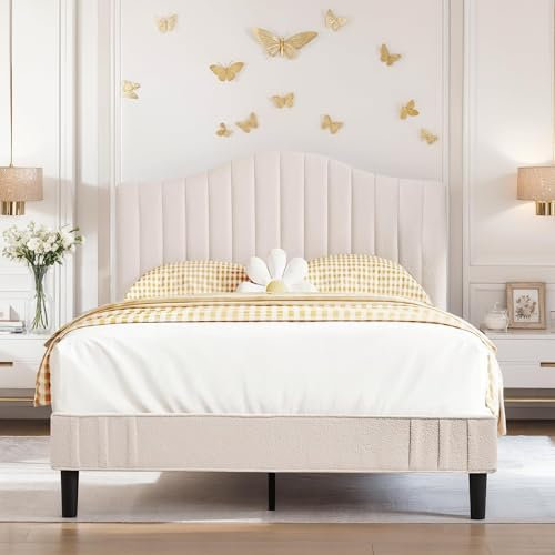 VECELO Lit Double Rembourré 140x190 cm, Tissu Teddy, Support à Lattes en Bois Solide, Facile à Assembler, sans Bruit, Pas Besoin de Sommier, Beige