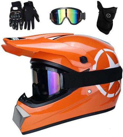 Integral MTB Motocross Helm, mit Brille Handschuhe Maske, Jugend Kinder Komfortabel Offstraße Motorrad ATV Absturz Helme, Doppelsport Bergab Enduro BMX Quad Dirtbikes Helm(Orange,M/54-55CM)