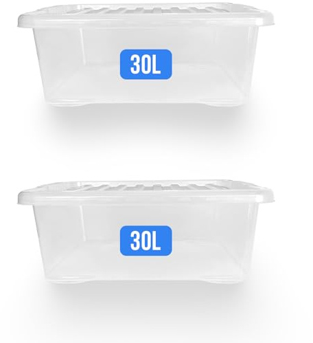 KAPCO Underbed Storage Boxes Set of 2 | 30L Clear Plastic Storage Containers with Clear Lids | Stackable, Durable, BPA-Free Plastic Box Organiser for Home, Office, Bedroom, Garage & Loft | 30 Litre