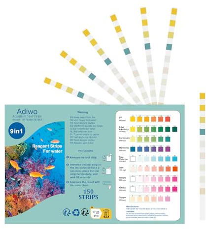 Adiwo Bandelette de Test d'Aquarium 9 en 1, 150 Bandelettes de Test Eau Dureté Totale, pH, Alcalinité, Carbonates, Chlore Libre, Fer, Nitrates, Nitrites, Cuivre Test Rapide pour Aquarium Étang Piscine