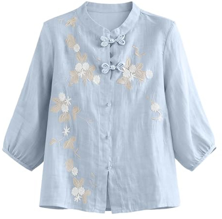 Blusa de lino y algodón con manga 3/4 para mujer, bordada, floral, estilo chino, con botones, cuello alto, ropa