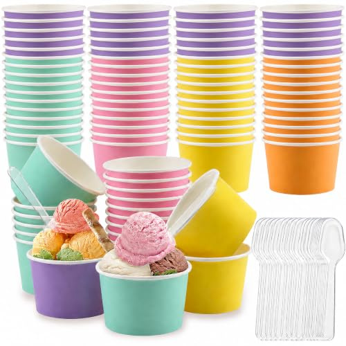 shallyong Glassskålar, 50 st glasskoppar med 50 glasssked, glass pappersmuggar, för tårtor, frukt, soppa, snacks (5 färger)