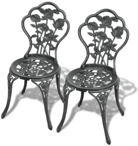 Drainlyn Bistrostolar 2 st. av gjuten aluminium grön med blommönster, väderbeständig, 41 x 49 x 81,5 cm, trädgårdsstol, balkongstol terrassstol för utomhusbruk, stapelbar, utrymmesbesparande, robust