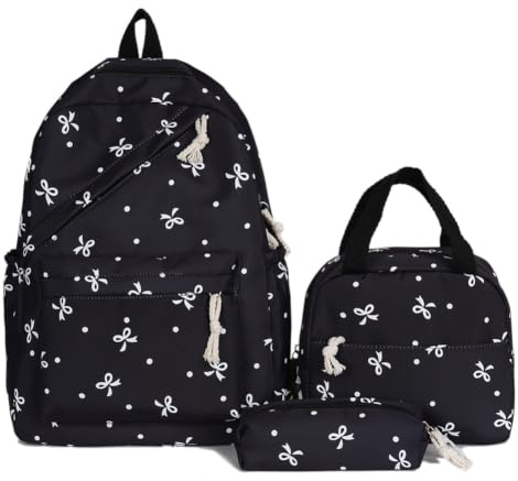3-i-1 fluga college ryggsäck och fodral set för flickor, [Stil 3], 17.32 x 11.81 x 5.91 inches, Bärbar | med lunchväska nylon skolväska tonåring kvinnor framficka sidofickor