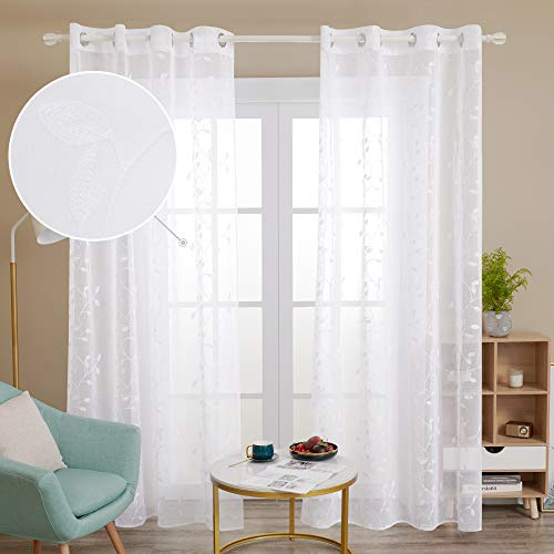 Deconovo Visillos Salón Moderna Decoración de Hogar Efecto Lino Visillo Cocina con Ojales Juego de 2 Piezas 140 x 180 cm Blanco