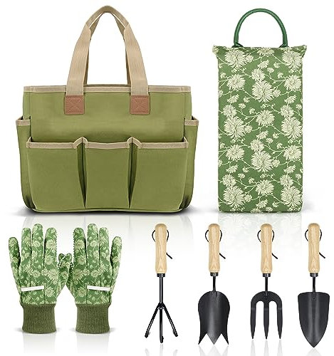 Colwelt Garden Tools Set, 8-Piece Heavy Duty Gardening Tools with Ergonomic Wooden Handle, Elegant Garden Tools Set with Thick Kneeling Pad, Ideal Gardening Gifts for Women