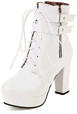 MGYQ Stivaletti Plateau Tacco Blocco Alto Donna Donne Stivali Stringati Stivaletti Tacco Grosso con Cerniera Stivali Punta Tonda Tacchi Alti,Bianca,38 EU