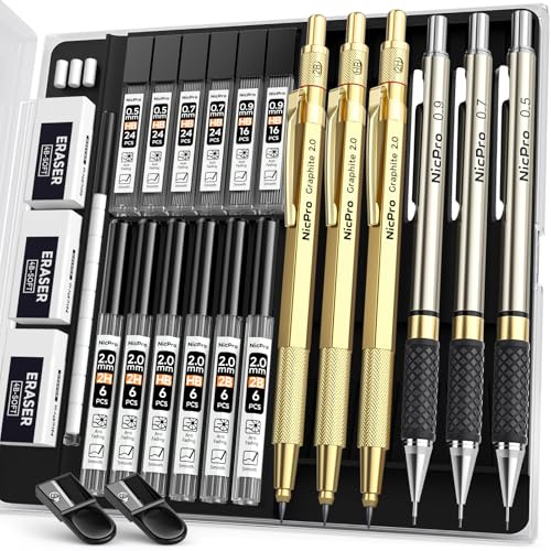 Nicpro 6 Métal Porte-Mines 0,5, 0,7, 0,9 et 2mm (2B HB 2H), Art Crayon Mécanique Criterium avec Mines, Gommes, Taille Crayon, Trousse pour Dessin, Esquisse, illustration, Architecture et écriture