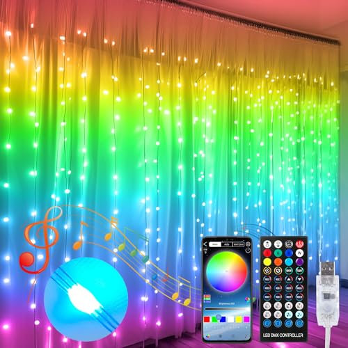 QINER 3M x 3M Curtain Lights, LED Curtains Light with 300 LEDs RGBIC 210 Modes, Remote Control USB String Lights for Bedroom, Indoor, Weddings, and Party Decor