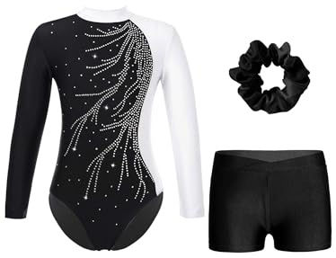 Alvivi Mädchen Turnanzug Glitzer Gymnastikanzug mit Kurze Hose Haarband Langarm Gymnastikbody Turntrikot Gymnastik Kleidung Tanzkostüm A Weiß&Schwarz 170-176
