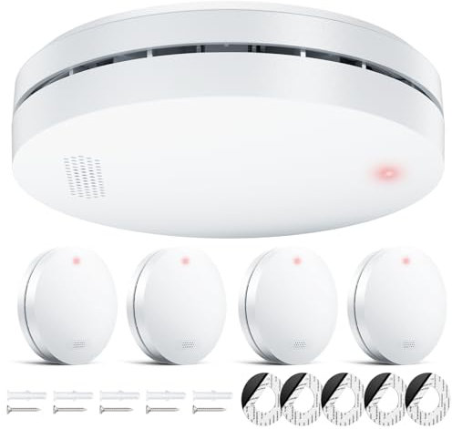 Rilevatore di fumo 2024, Allarme antincendio vincitore della batteria a 10 anni, Rilevatore di fumo Certificato TÜV, Senza foratura, 85dB, Allarme Fumo, Interconnettibile - 5 Pezzi