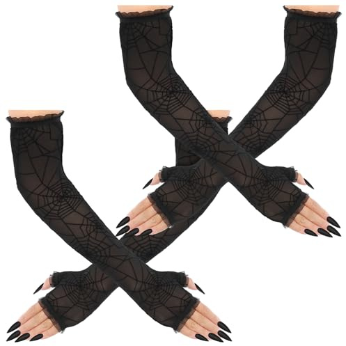 WLLHYF Lot de 2 paires de manchettes en toile d'araignée pour femme - Manchons d'araignée d'Halloween - Mitaines gothiques - Accessoires (noir), noir, 40cm long