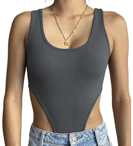 SHEKINI Body damer tank elegant bodysuit bodies ribbstickad ärmlös bodys U-hals stringbody underbody tanga topp outfit shapewear body shaper, GRÅ, L