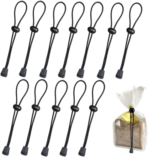 XHTXHT 12 Piezas Negro Pinza Cierre Bolsa de Alimentos, Correa universal Pinzas Bolsas Alimentos con Hebilla de Ajuste y Cuerda, para Cerrar la Bolsa de la Compra, Fijación de Caña de Pescar