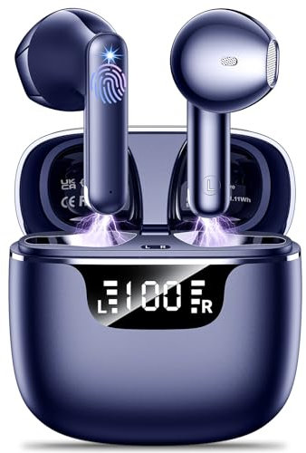 kauguo Ecouteurs Bluetooth sans Fil, Oreillette Bluetooth 5.4 avec 4 ENC Réduction Antibruit Casque HiFi Stéréo Basses 42H Durée Écran LED Écouteurs sans Fil IPX6 Étanche Sport pour iOS Android, Bleu