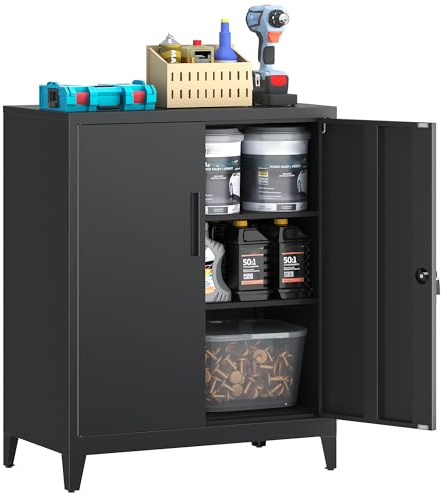 HOMSTEEL Armario metálico, Armario de Garaje de 2 Estantes con Cerradura, de Oficina con Estantes Ajustables, para Oficina, Garaje y Lavadero, 40 x 80 x 100 cm, Negro
