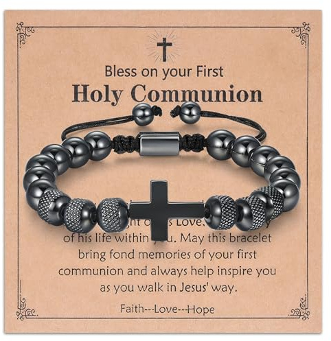 Jewl Aoer First Holy Communion Gifts for Boys, Adjustable Cross Bead Braided Bracelet for Son Grandson Brothers Nephew, Baptism Gifts for Boys, Christian Gifts Bracelet for Birthday Easter Christmas